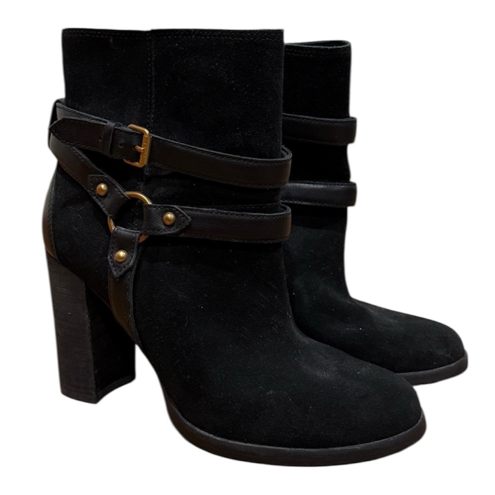 UGG Women's Dandridge Suede Heeled Boots Sz 8 Black Harness Wrap Classic‎ Staple